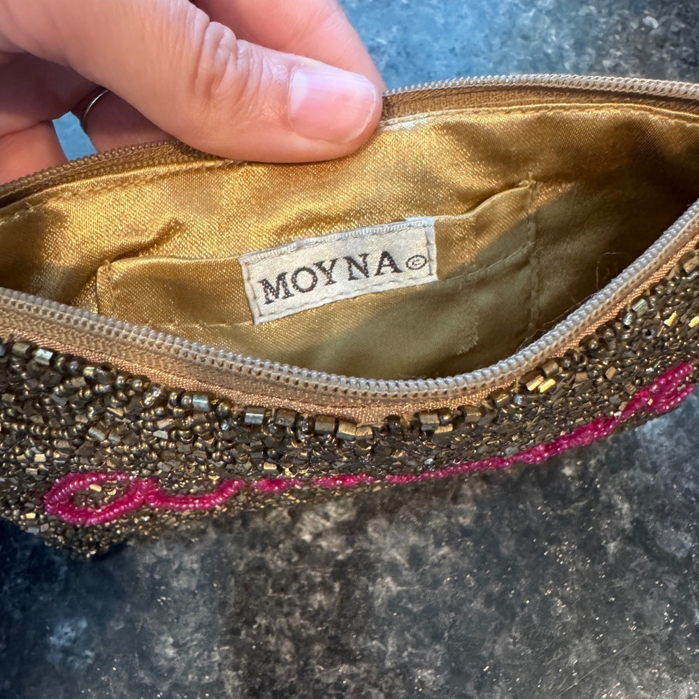 Moyna Amour Beaded Wristlet Clutch Bag Bronze Gold Pink Script Evening Pouch - Picture 5 of 7